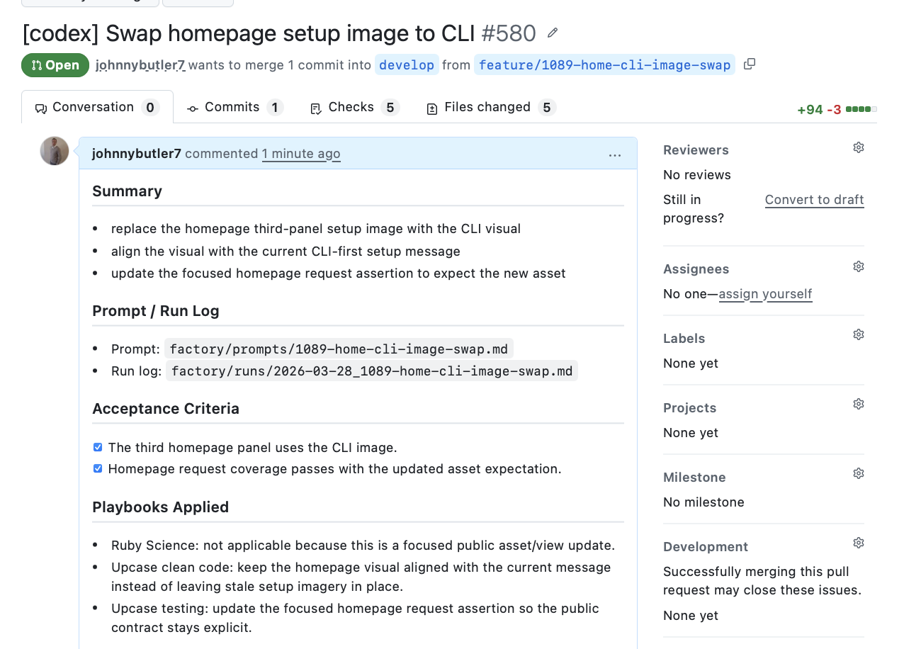 GitHub pull request showing summary, prompt and run log references, acceptance criteria, and playbook notes