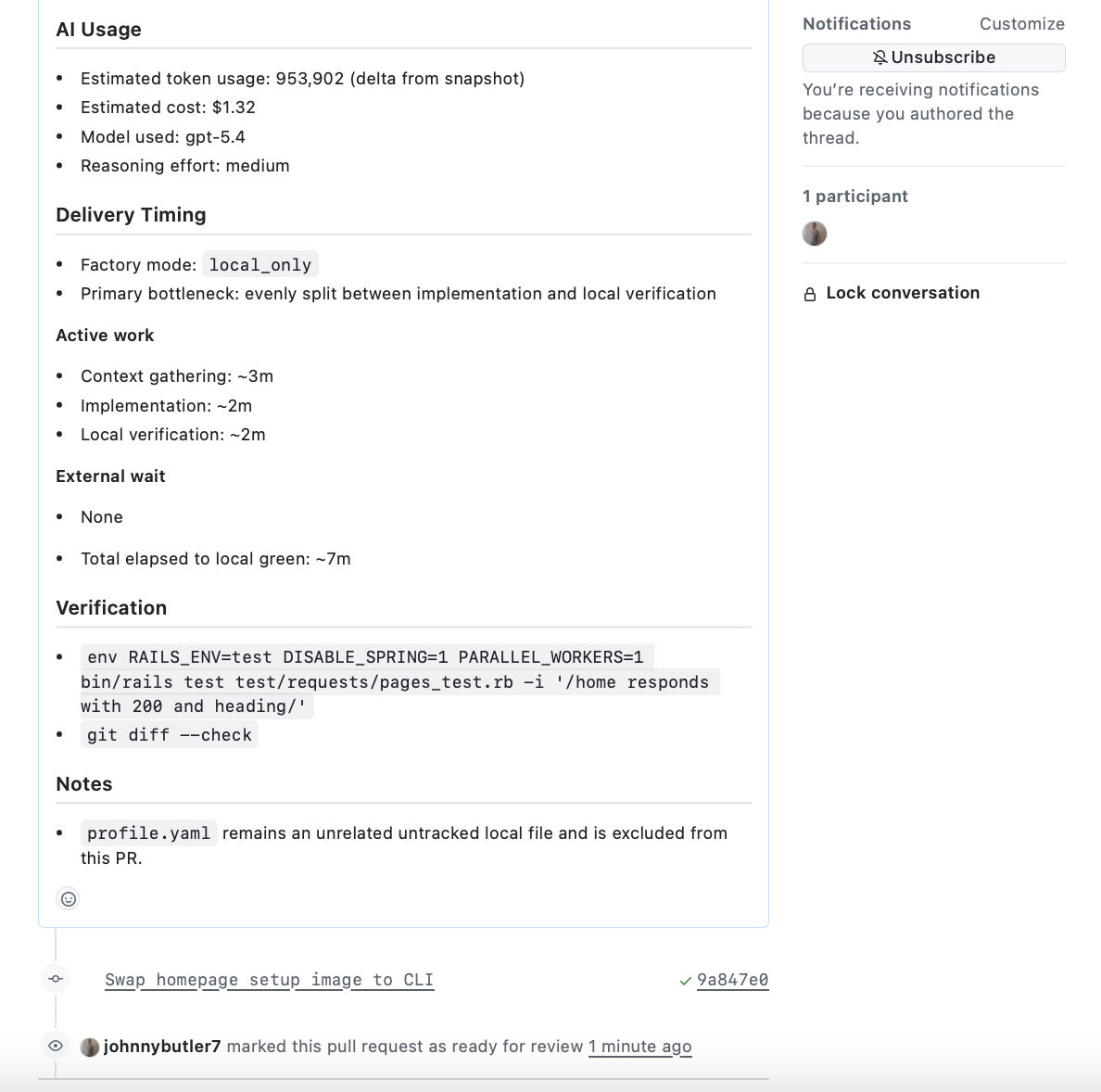 Pull request details showing AI usage, delivery timing, verification commands, and execution notes