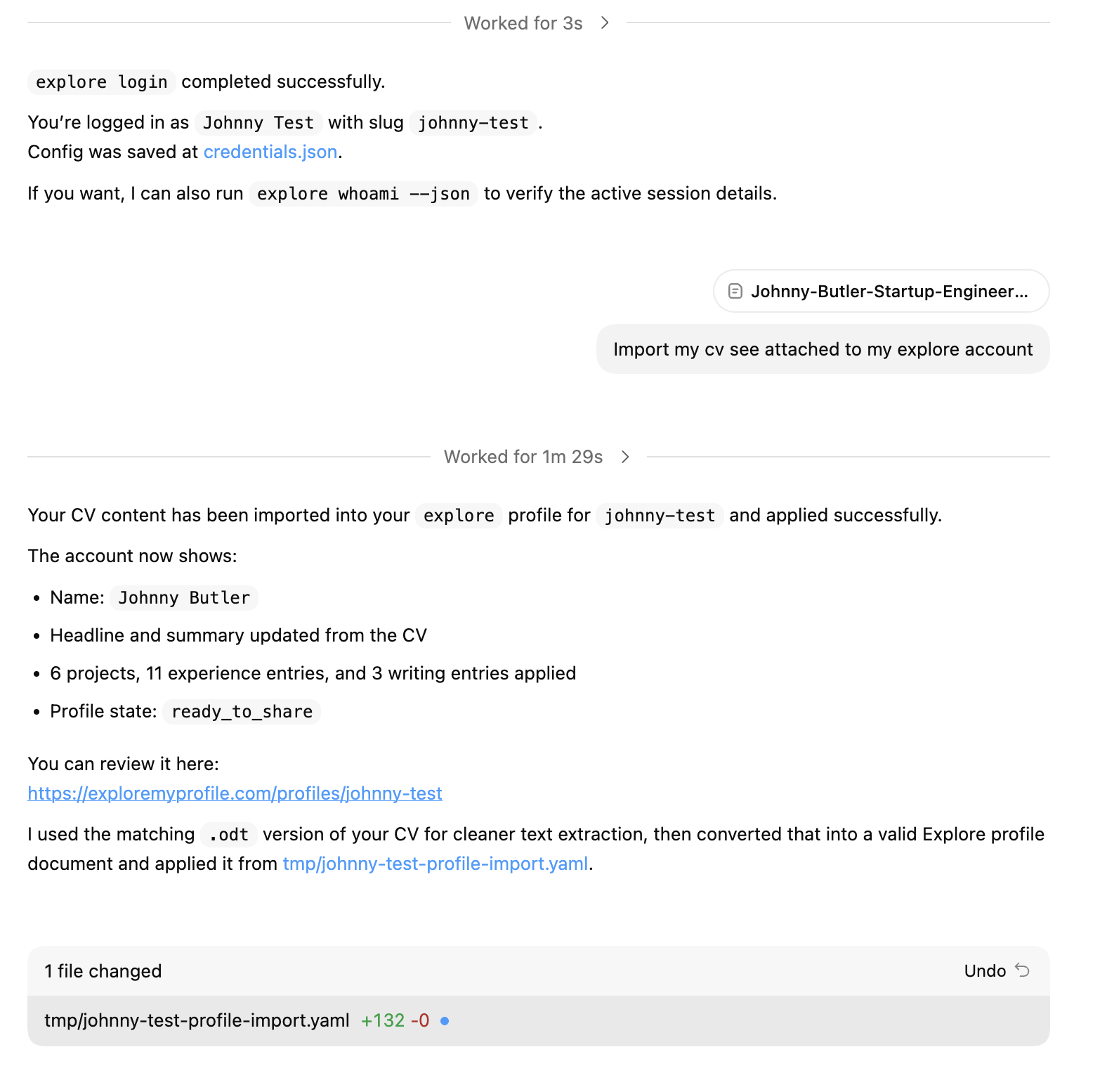 An agent importing an attached CV into an Explore account and applying the mapped profile result