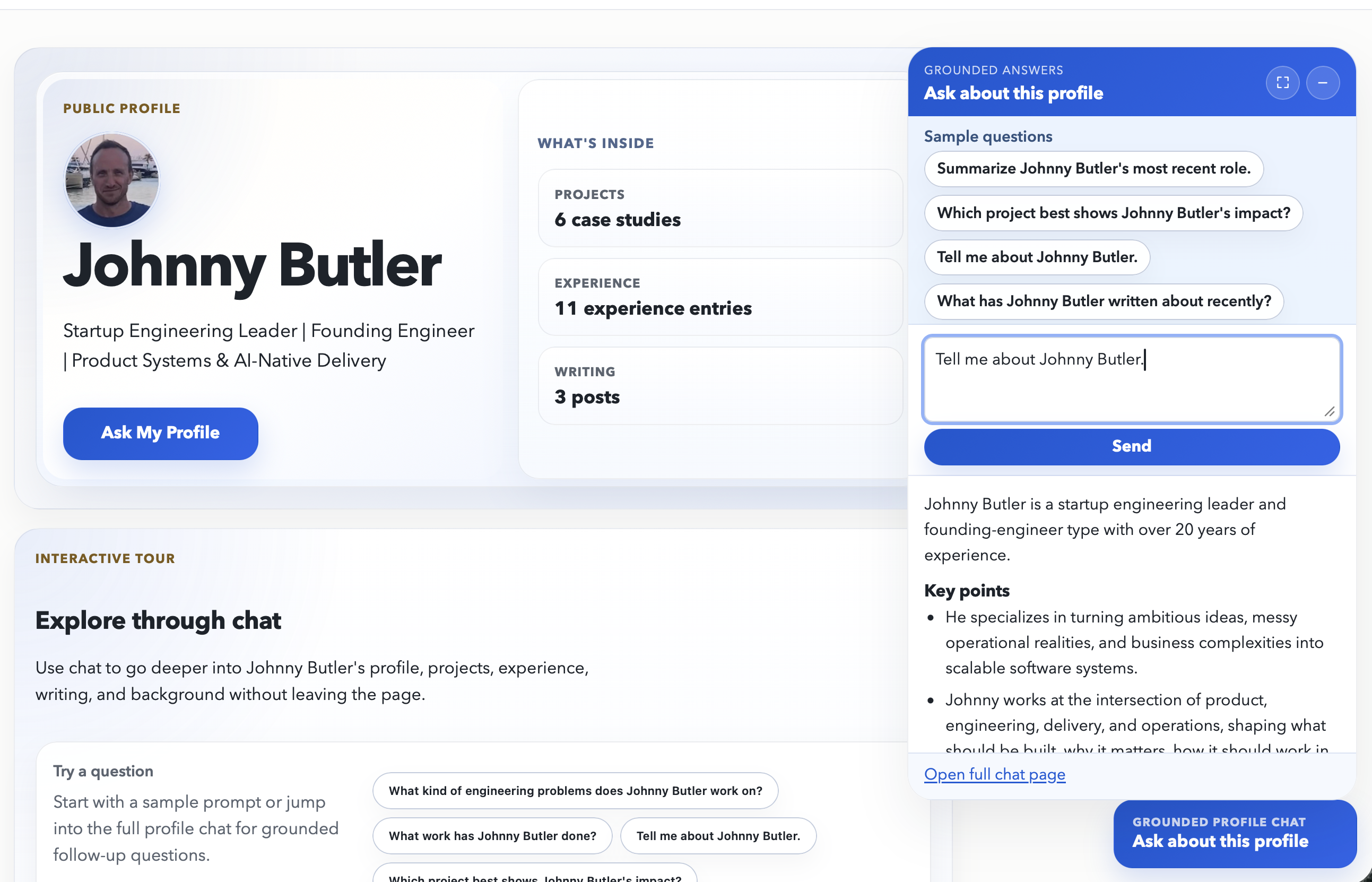 Live Explore profile created from imported CV content with structured sections and grounded follow-up chat