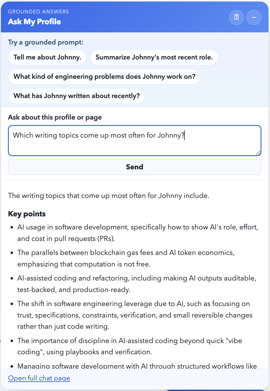 Explore chat panel layered over the profile preview